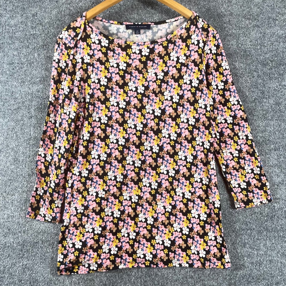 Tommy Hilfiger Shirt Womens Small Multicolor Floral 3/4 Sleeve Boat Neck Coastal